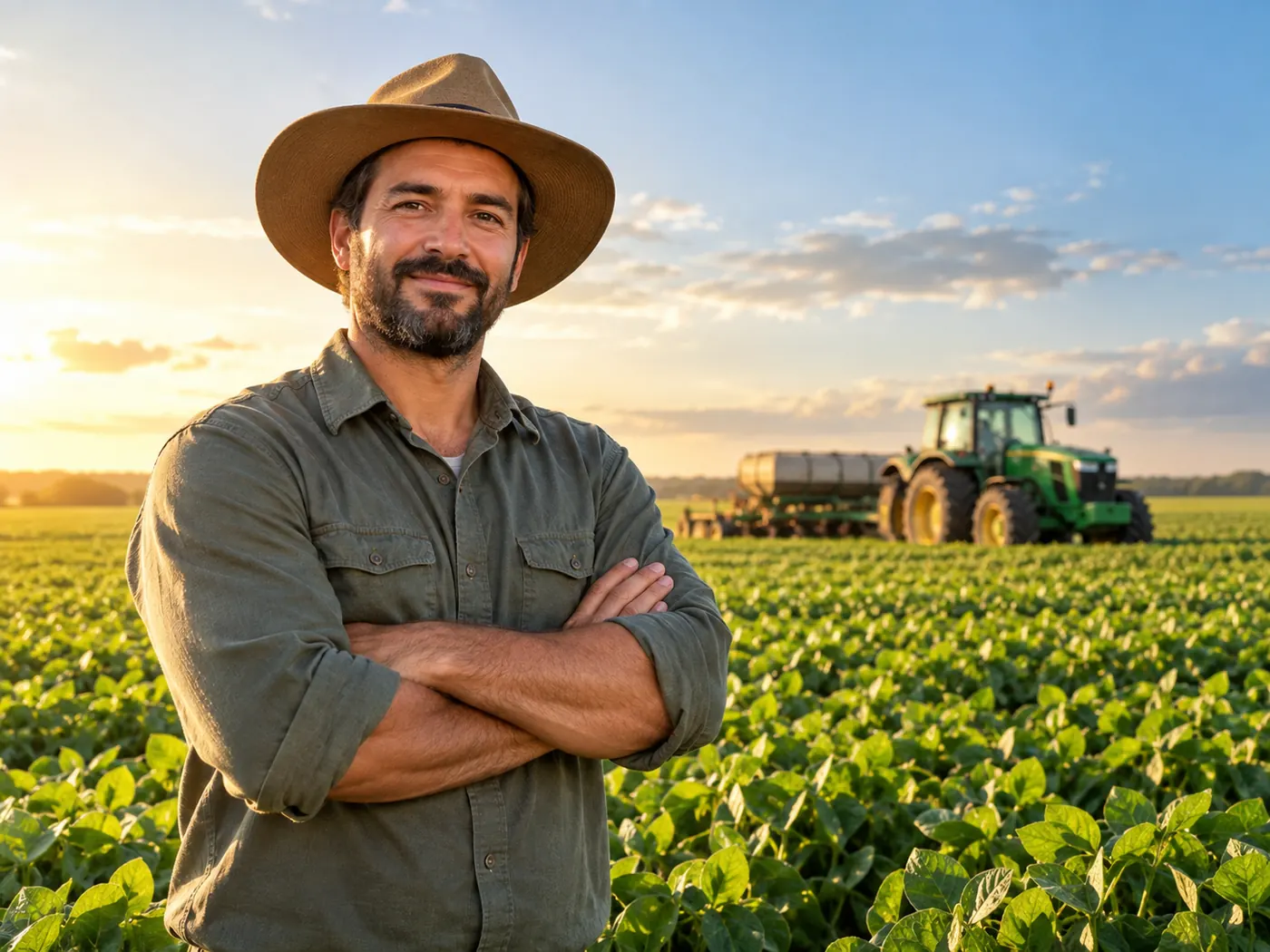 Produtor rural diante da lavoura e do maquinário