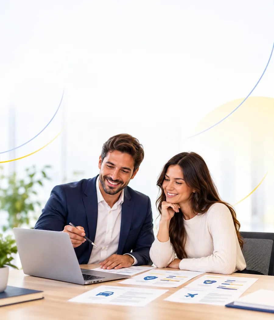 Corretor e cliente comparando propostas de seguro no notebook