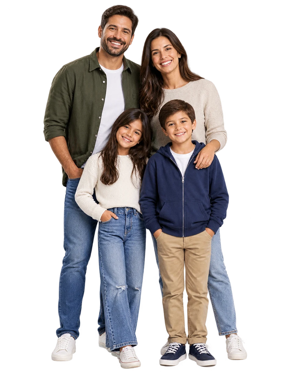 Família com dois filhos sorrindo