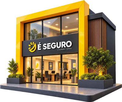 Unidade da É Seguro Corretora, com fachada amarela e vitrine iluminada