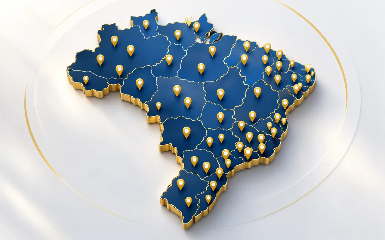 Mapa do Brasil com marcadores nas unidades da rede