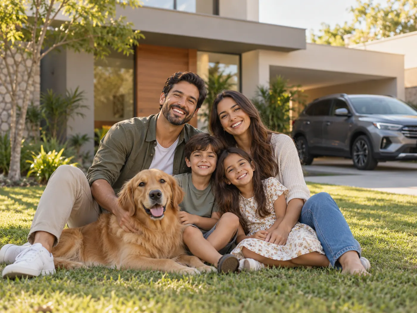 Família sentada no gramado em frente de casa, com o cachorro e o carro na garagem