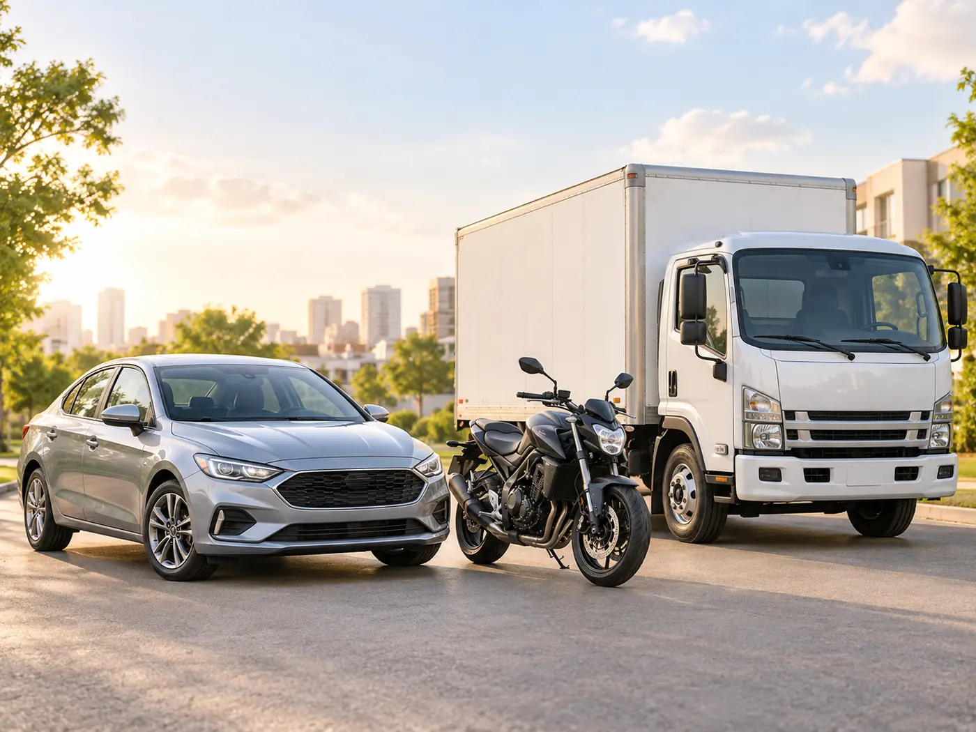 Carro, moto e caminhão estacionados lado a lado