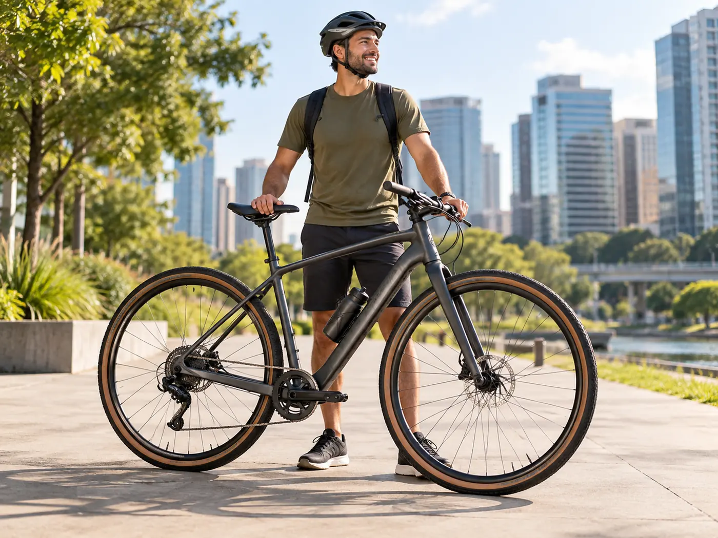 Ciclista ao lado da bicicleta em um parque urbano