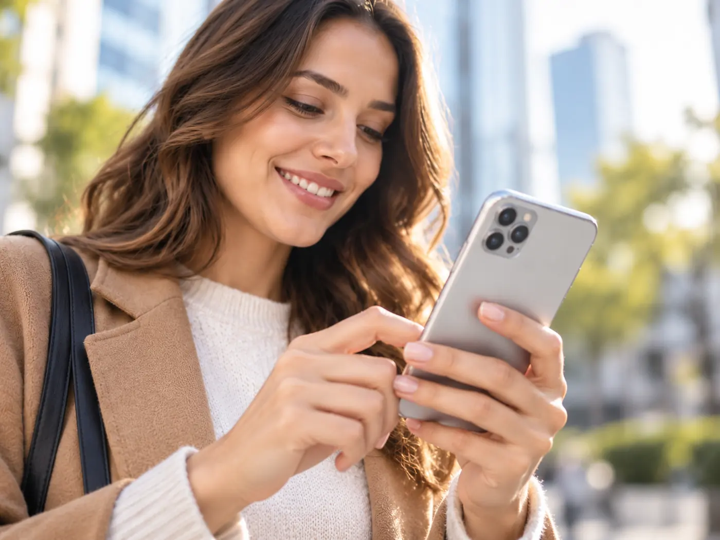 Mulher usando o celular na rua