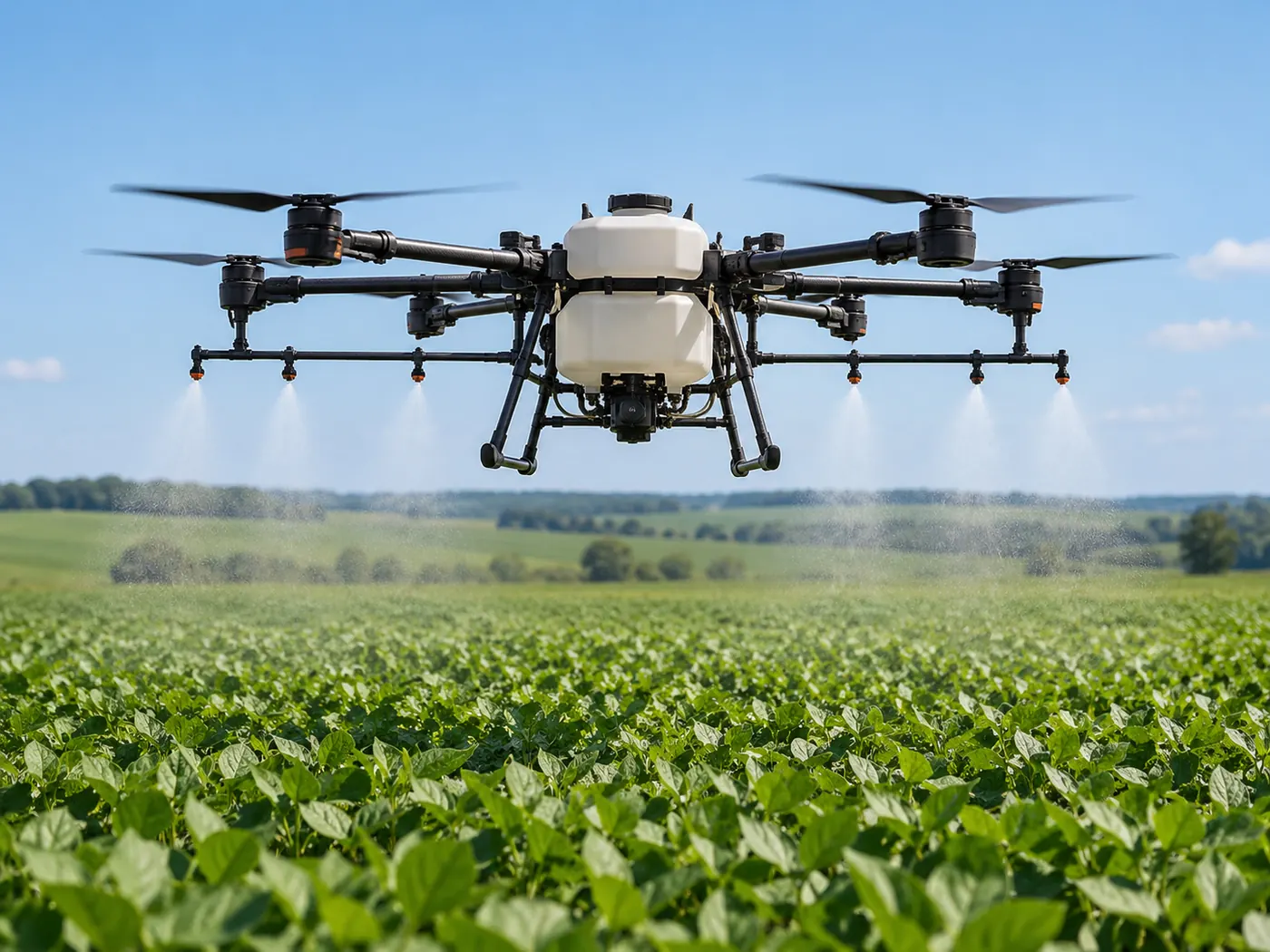 Drone de pulverização sobrevoando a lavoura
