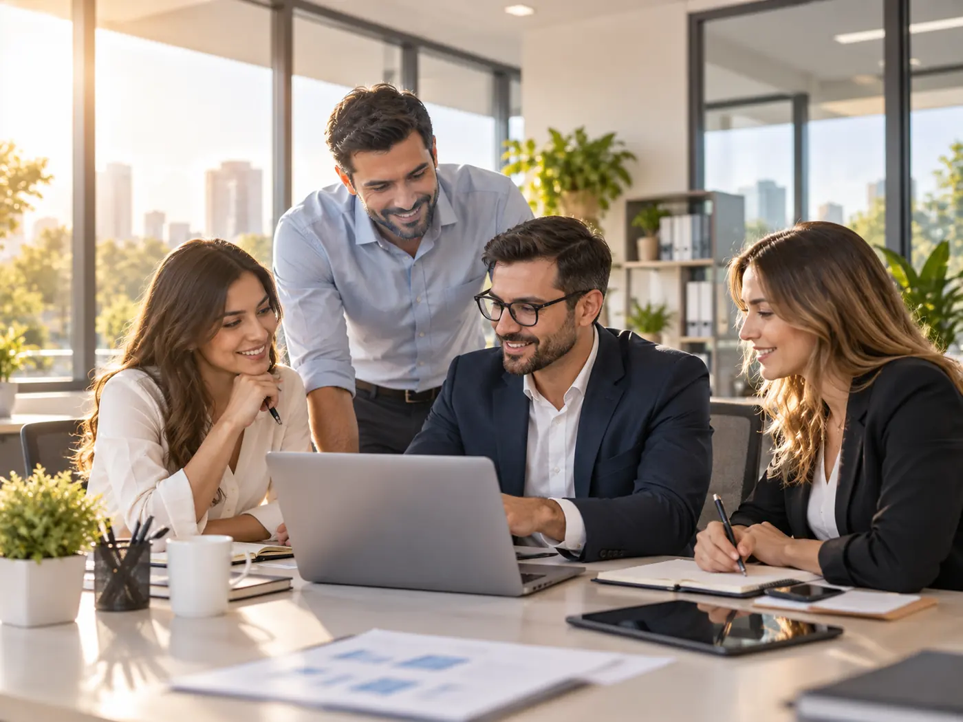 Equipe reunida em volta de um notebook no escritório