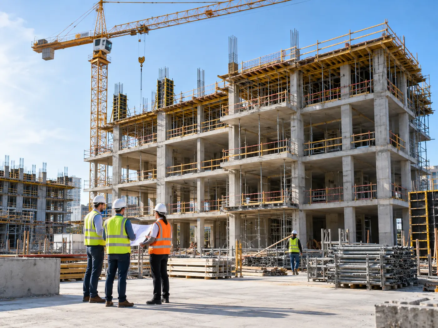 Equipe de engenharia analisando a planta diante de um prédio em construção