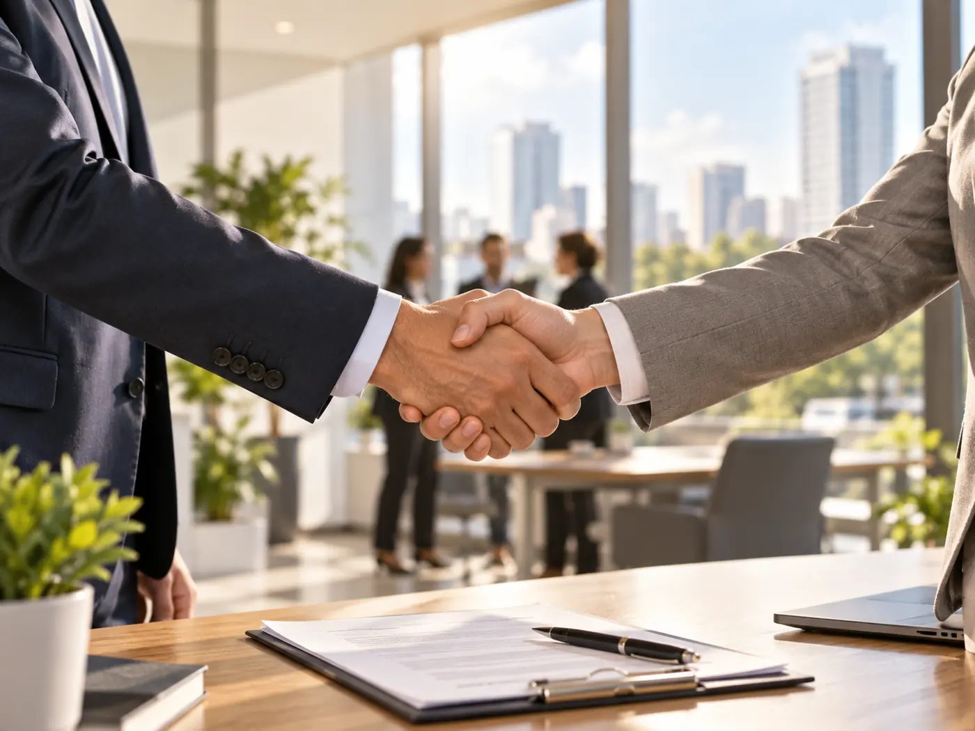 Aperto de mão sobre um contrato em cima da mesa