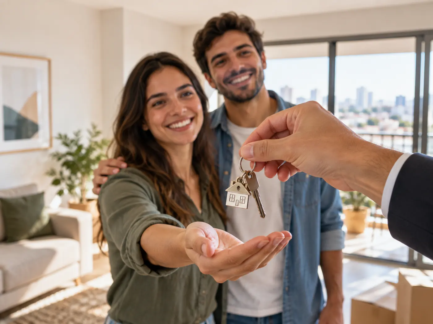 Casal recebendo a chave do apartamento alugado, com caixas de mudança ao fundo