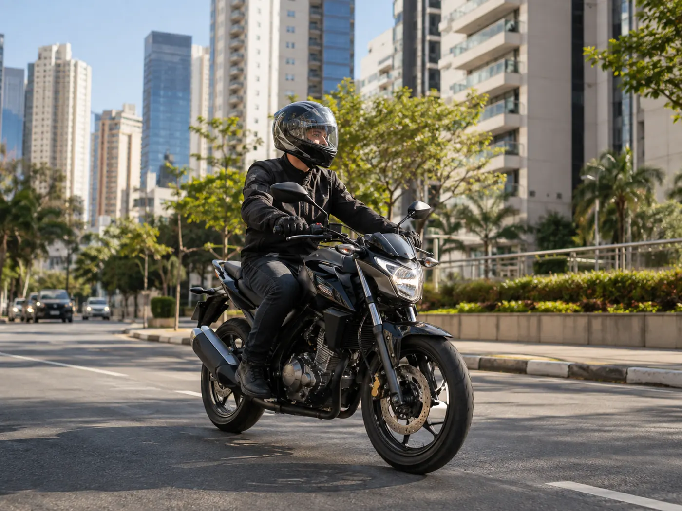 Motociclista em via urbana