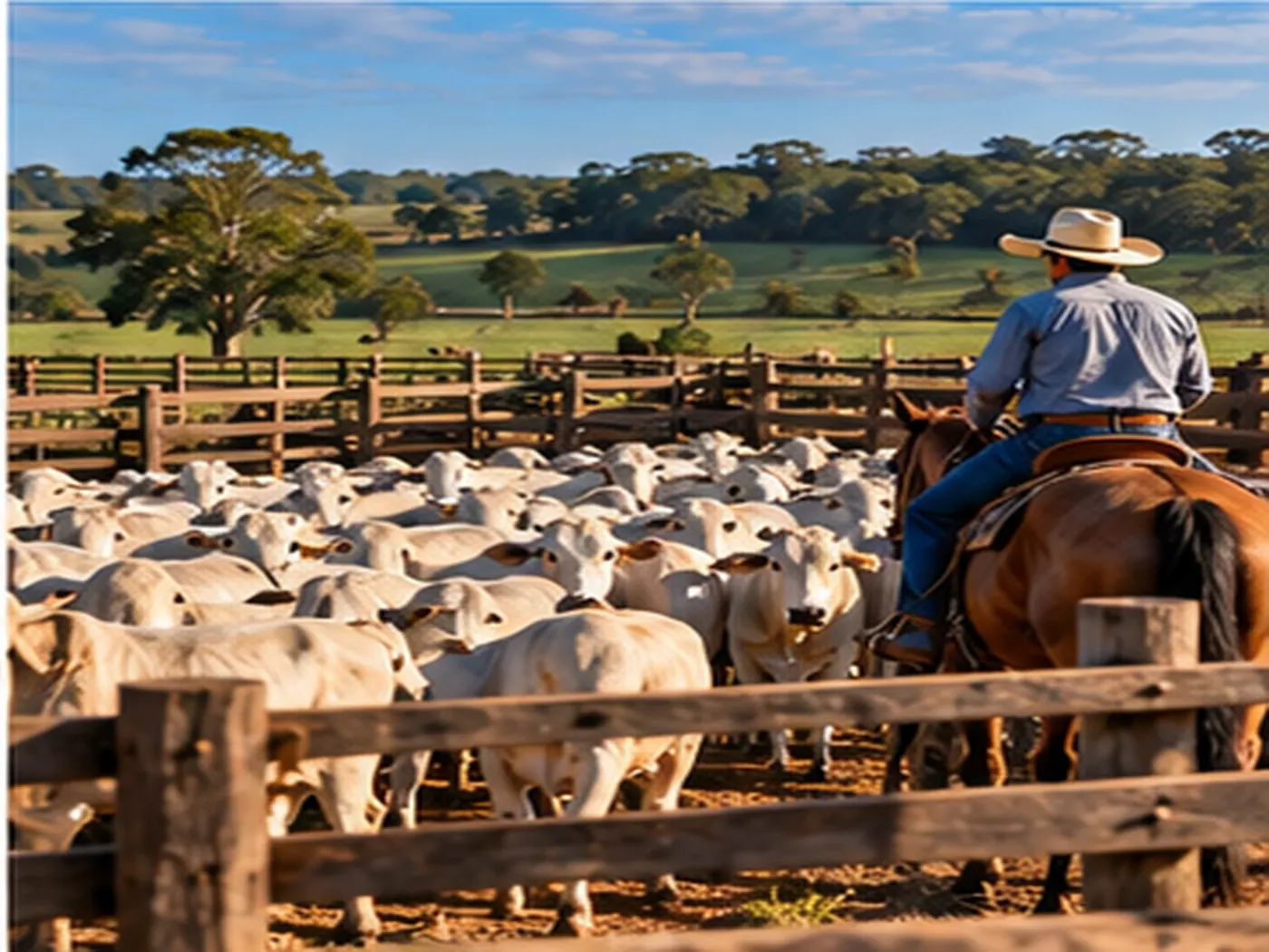 Rebanho bovino em pasto, com o curral ao fundo
