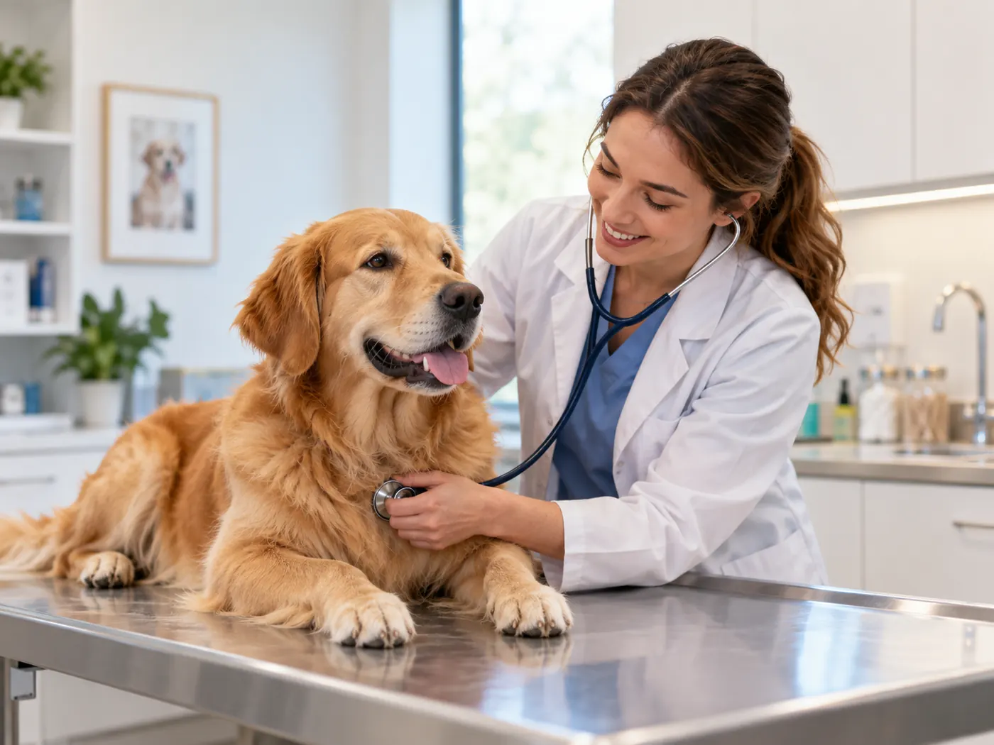 Cachorro sendo examinado por veterinária