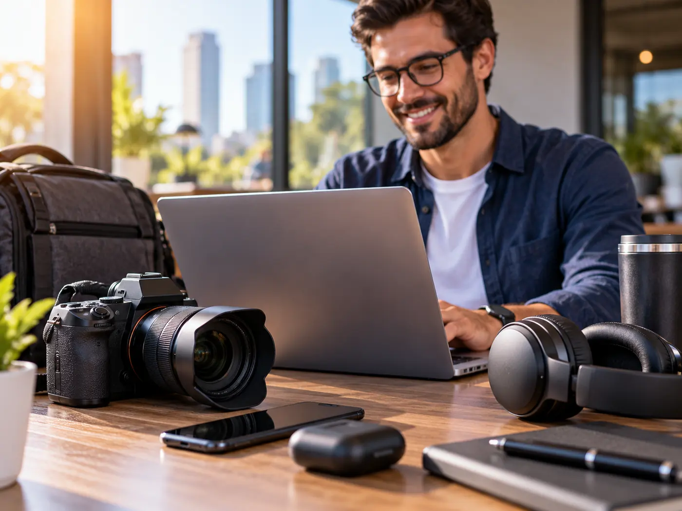Mesa com notebook, câmera, celular e fones, e um profissional trabalhando