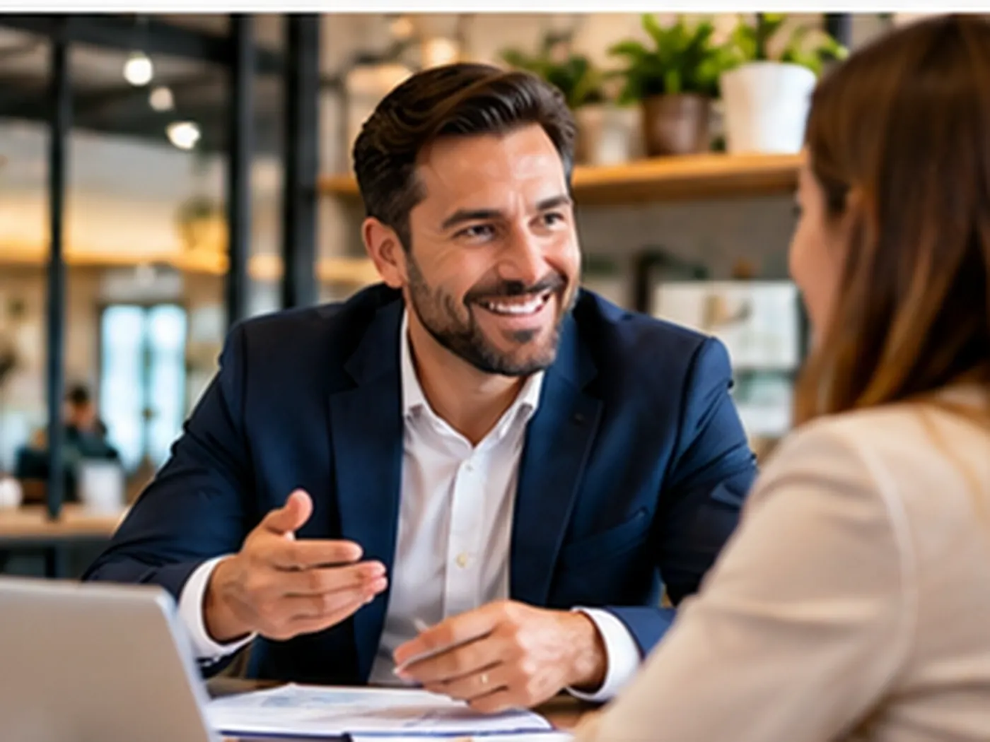 Reunião entre empresário e cliente em um estabelecimento
