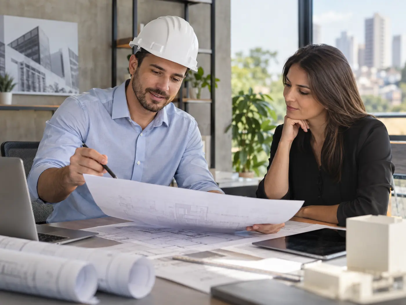 Engenheiro e cliente analisando a planta de um projeto sobre a mesa