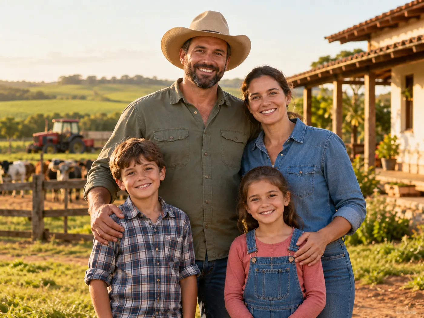 Produtor rural com a família diante da propriedade